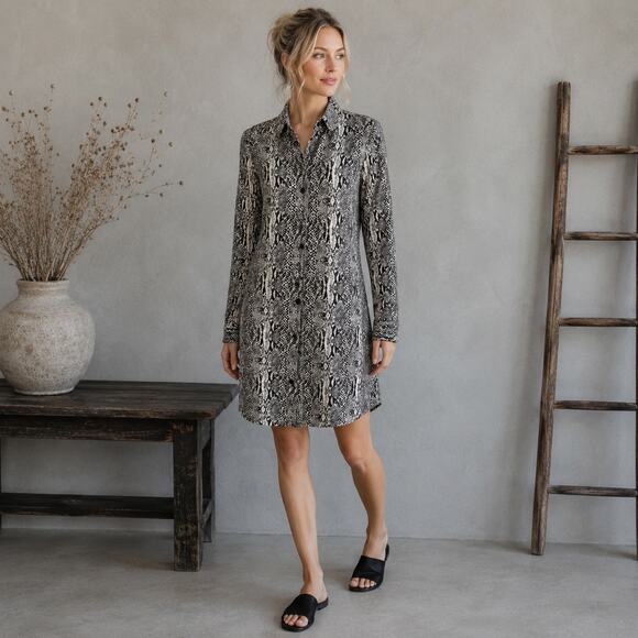 Norma Kamali Dresses & Skirts - Norma Kamali Black & Off White Snake Print Button Front Long Sleeve Dress Small